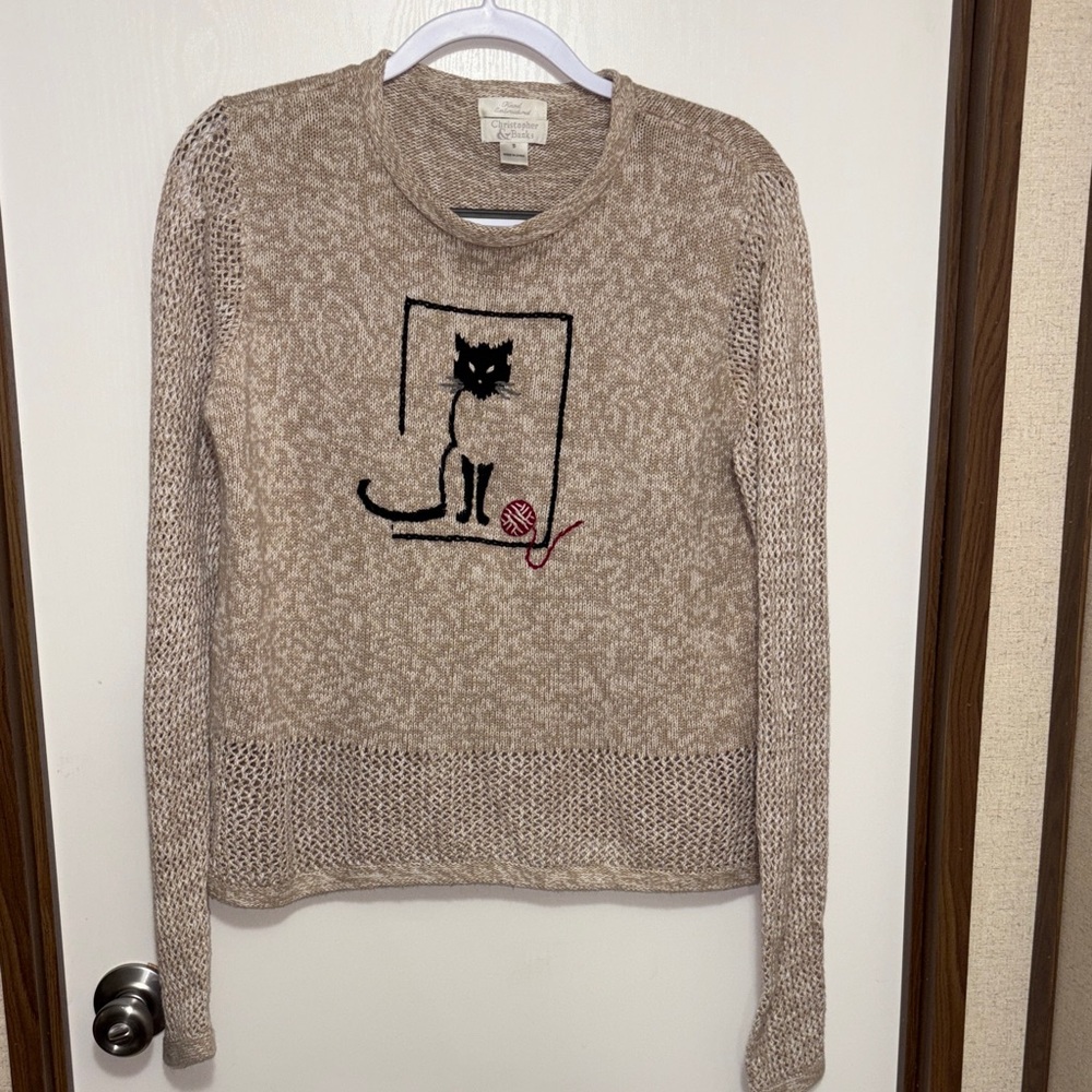 Christopher & Banks Hand Embroidered Cat Sweater Small Cozy Knit Cottagecore